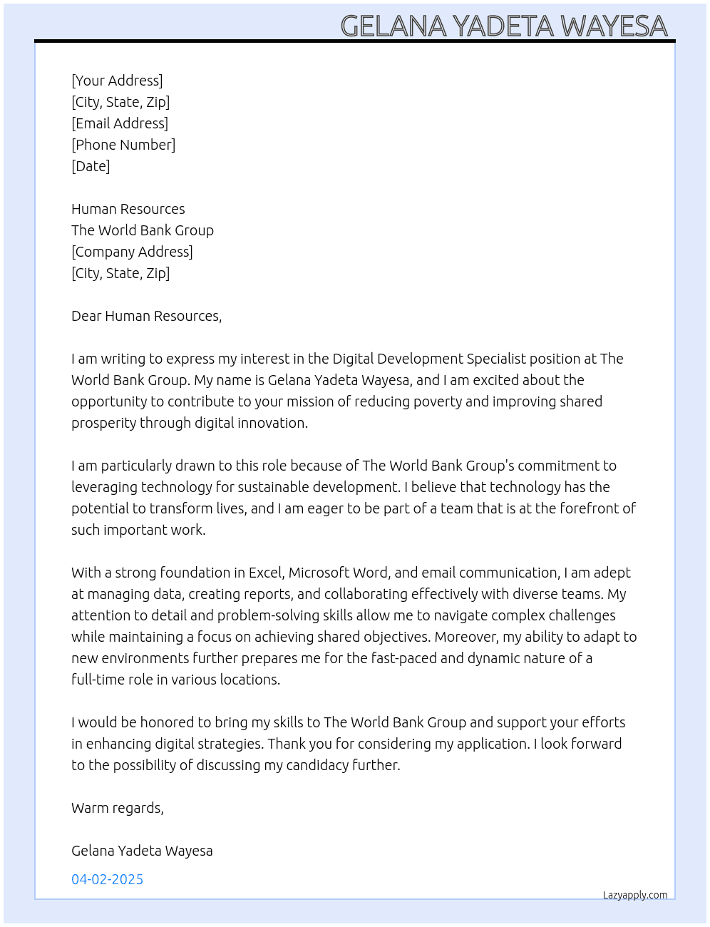 Digital Development Specialist At The World Bank Group  Cover Letter