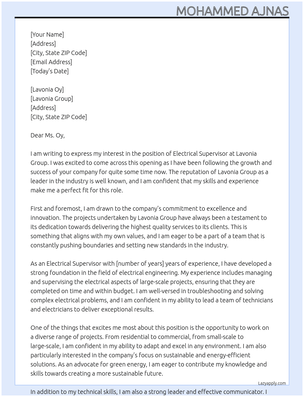 Electrical Supervisor At Lavonia Group Cover Letter