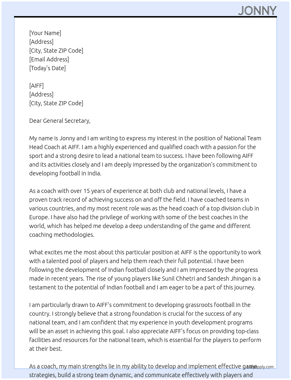 Cover letter for national team head coach - LazyApply