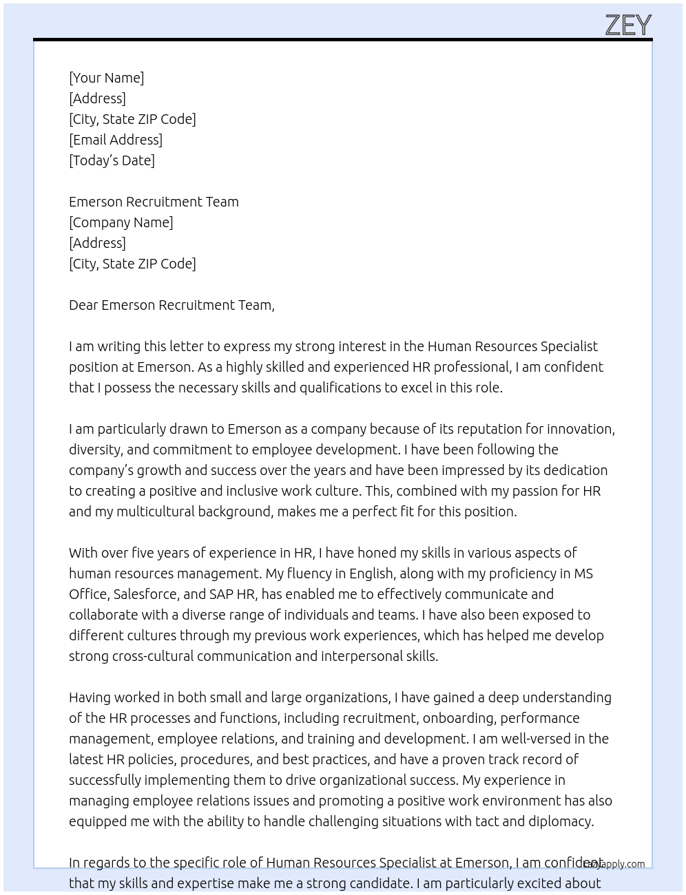 Human Resources Specialist  At emerson Cover Letter