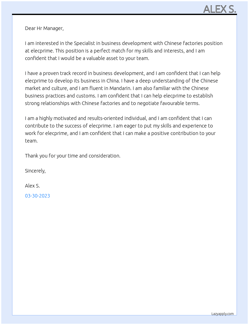 Specialist in business development with Chinese factories At elecprime Cover Letter