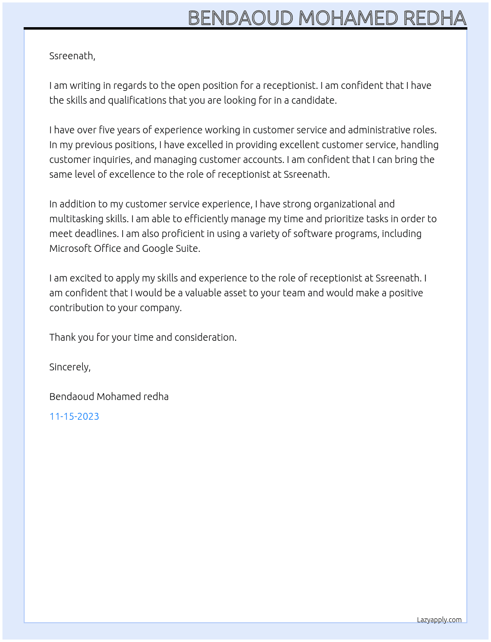 Receptionist At Ssreenath Cover Letter