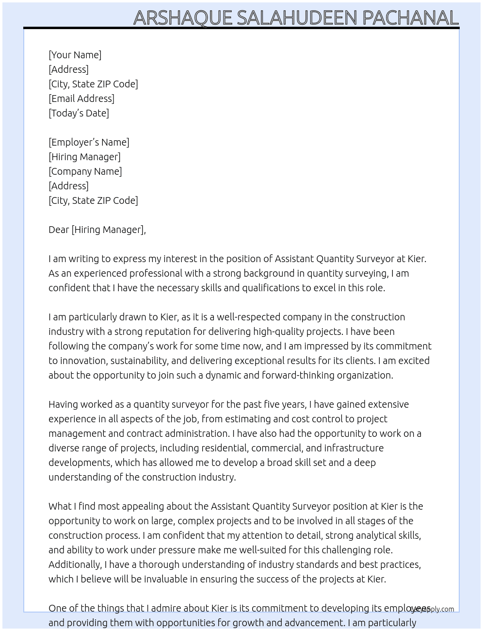 assistant quantity surveyor At kier Cover Letter