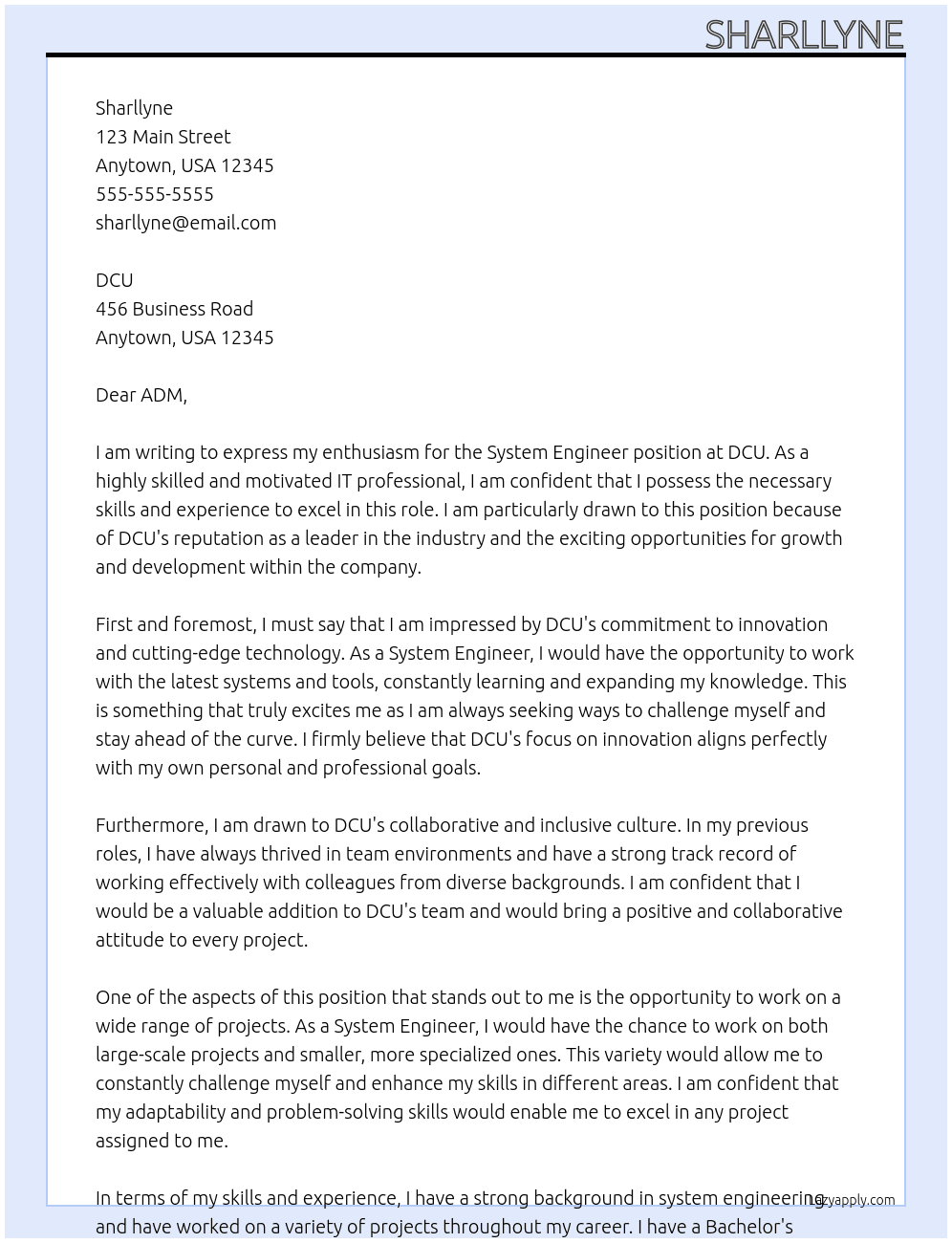 System Engineer At DCU Cover Letter