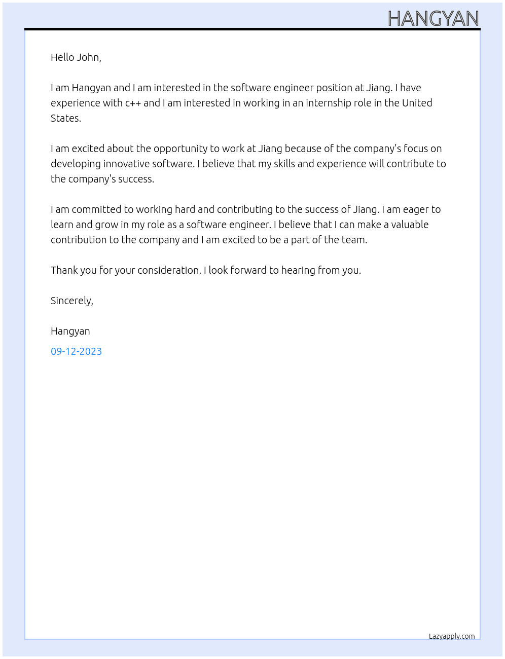 Software Engineer At Jiang Cover Letter