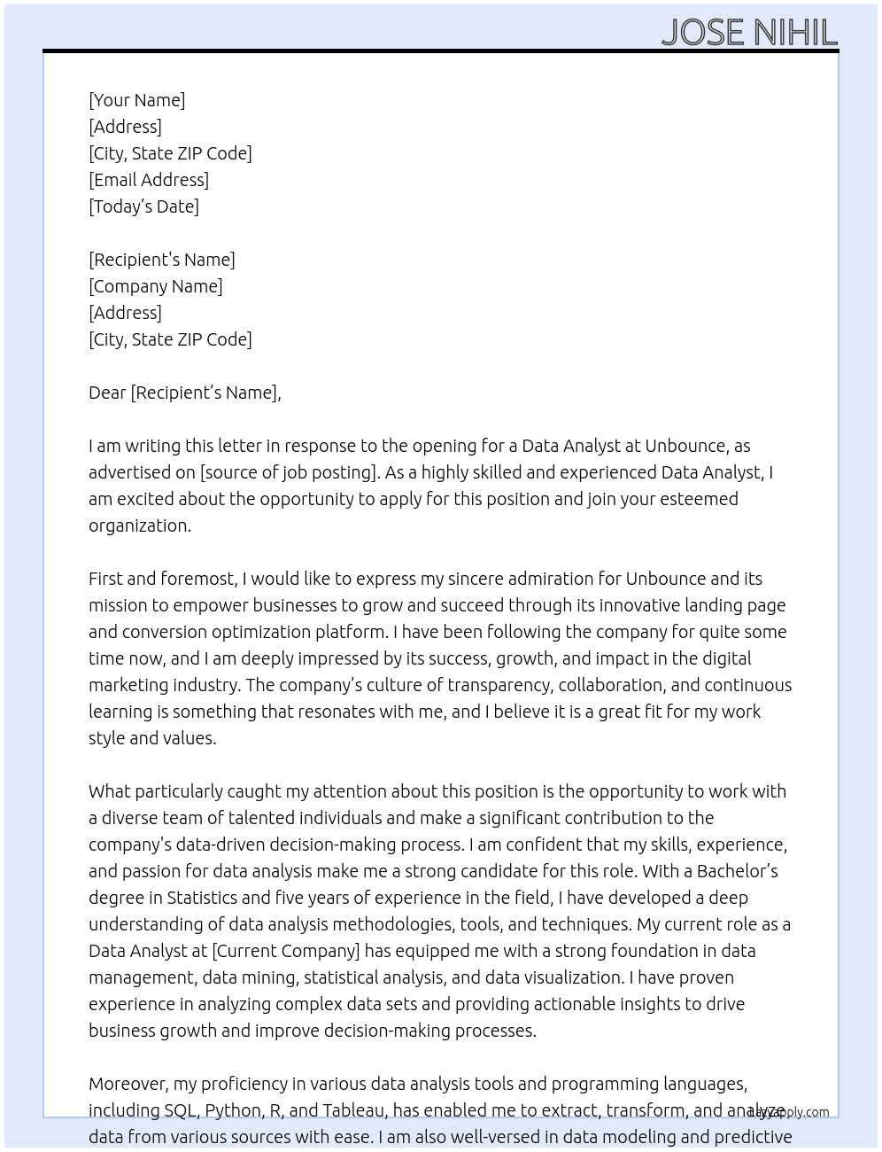 Data Analyst At Unbounce Cover Letter