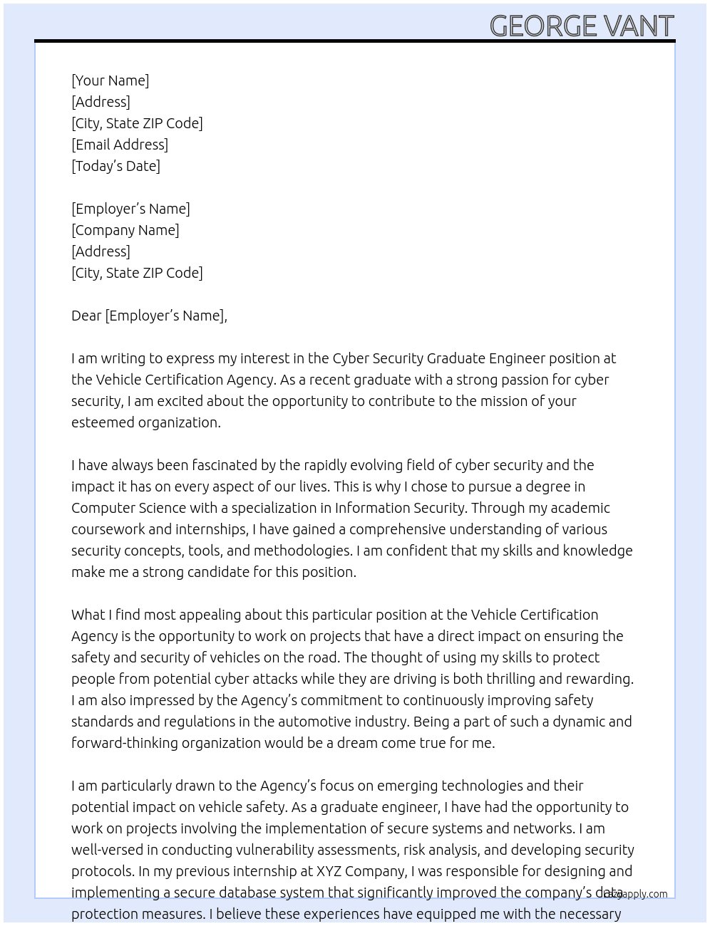 Cyber Security Graduate Engineer At Vehicle Certification Agency Cover Letter
