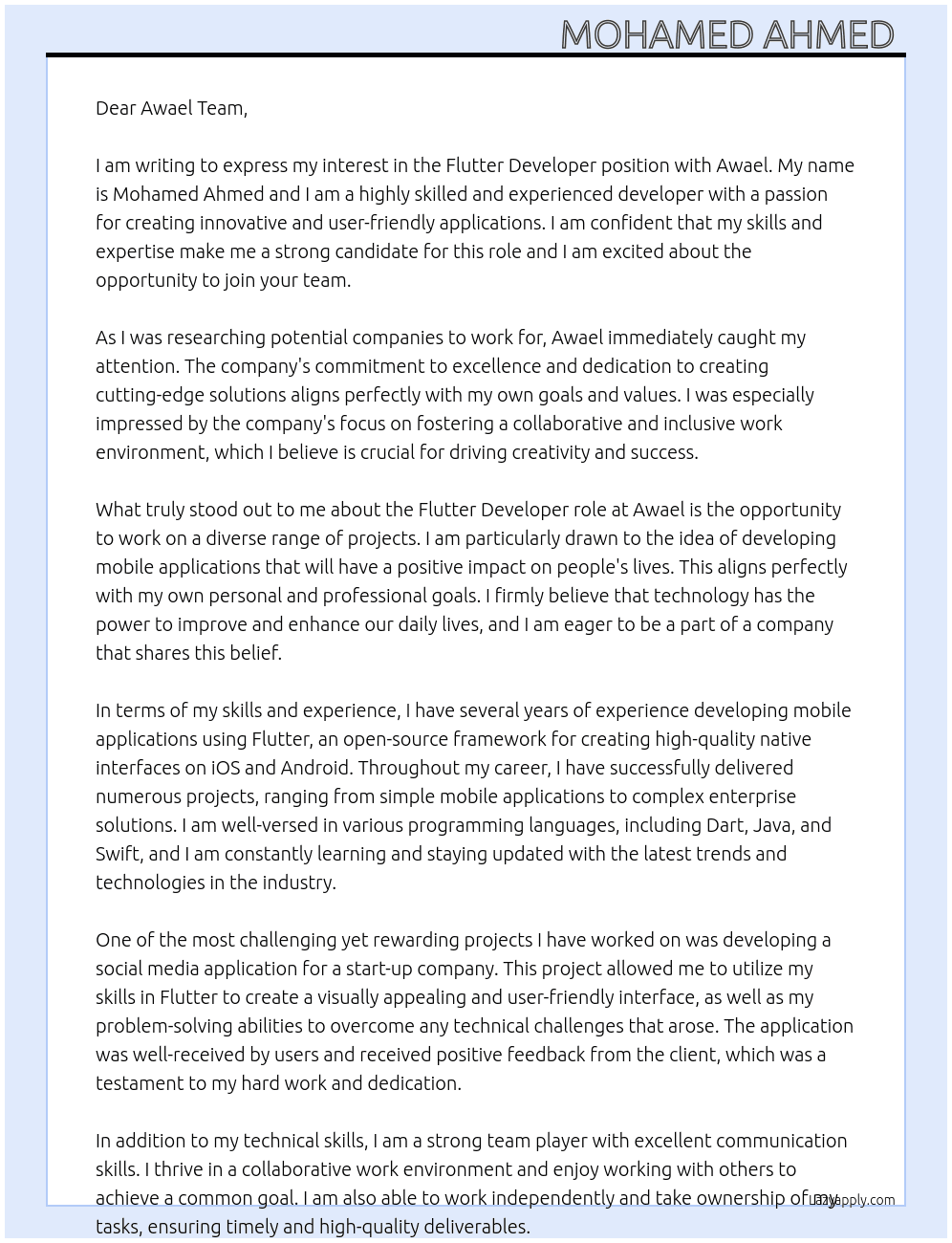 Flutter Developer At Awael Cover Letter
