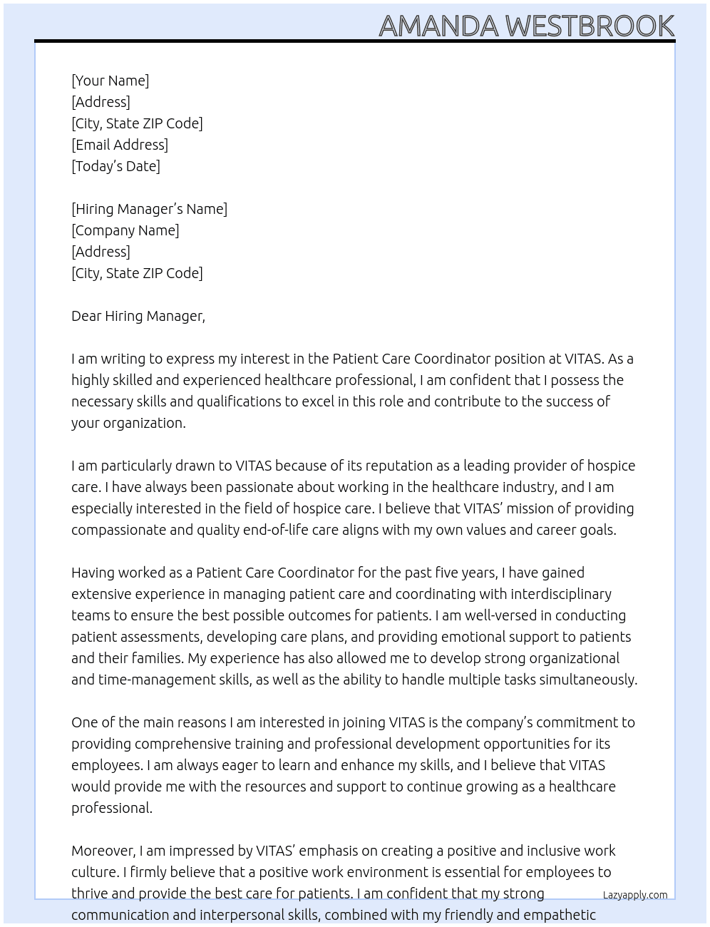 Patient Care coordinator  At VITAS Cover Letter