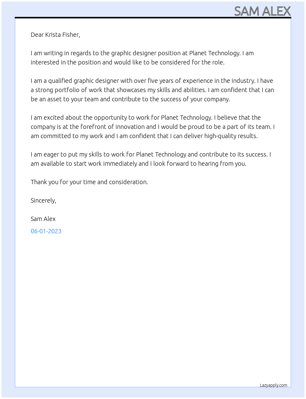 Graphic designer At Planet Technology Cover Letter