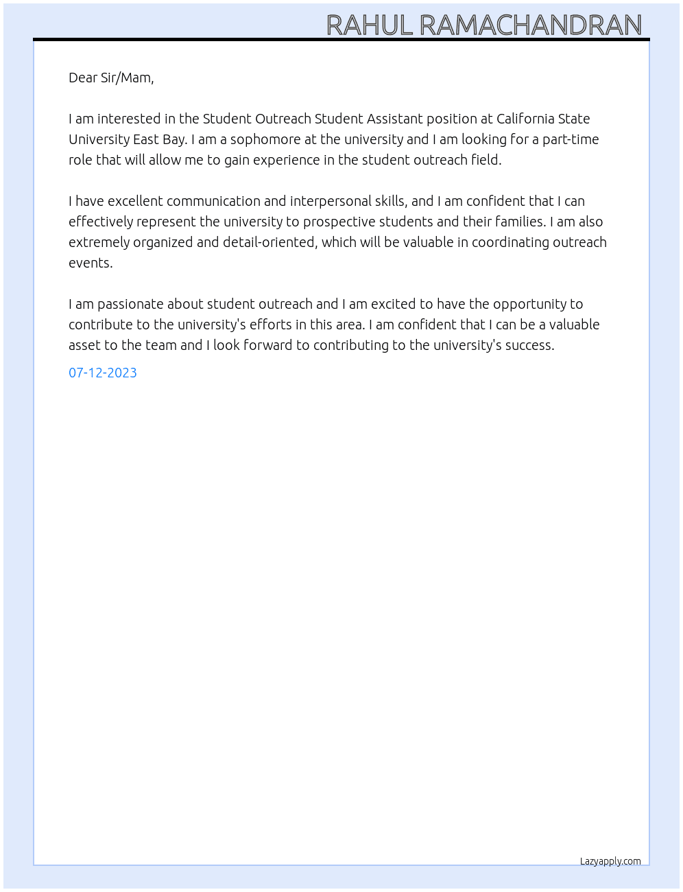 Student outreach student assistant  At California State University East Bay  Cover Letter