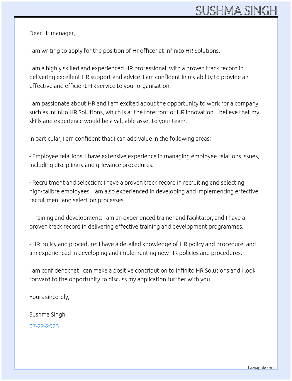 Hr officer At Infinito HR Solutions Cover Letter
