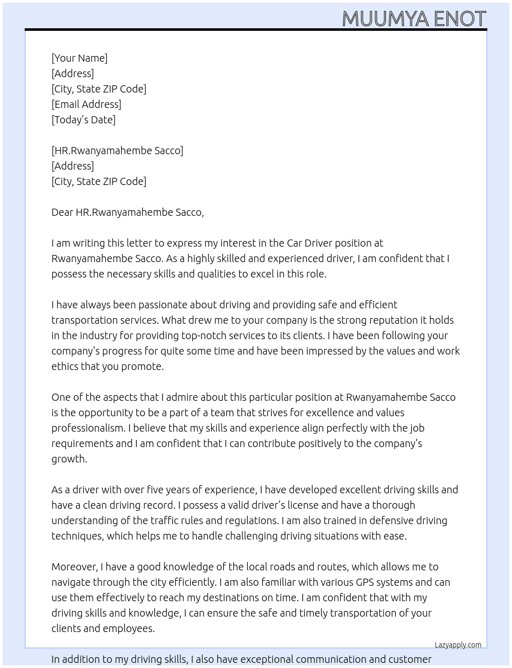 car driver At Rwanyamahembe sacco Cover Letter