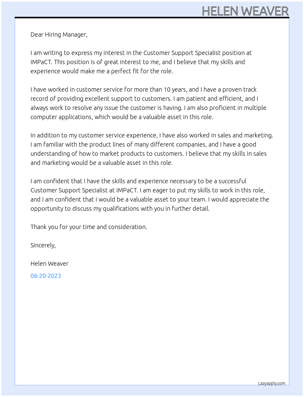 Customer Support Specialist At IMPaCT Cover Letter