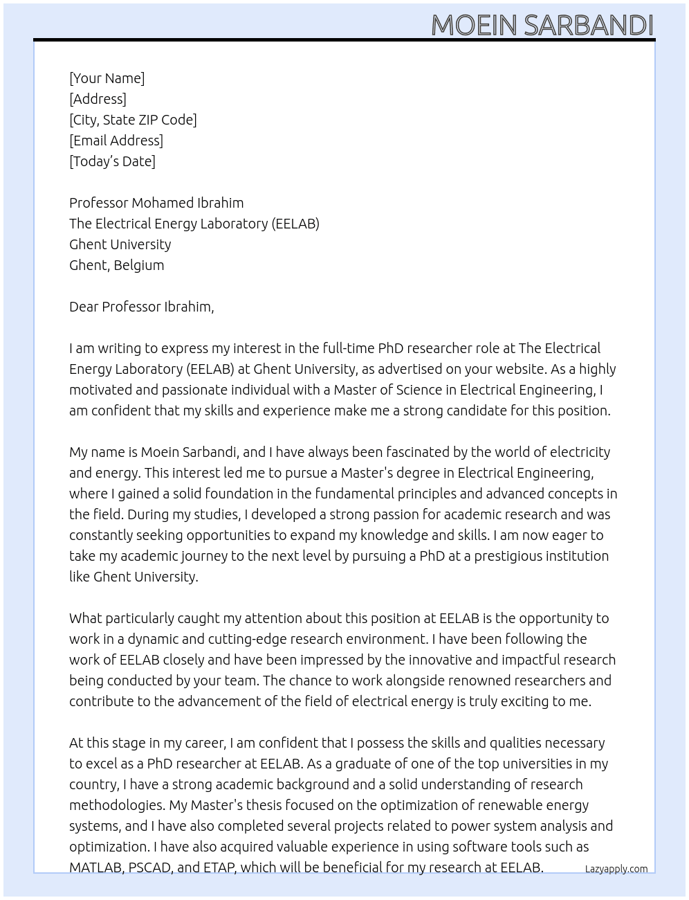 PhD student at The Electrical Energy Laboratory (EELAB) At Ghent University Cover Letter