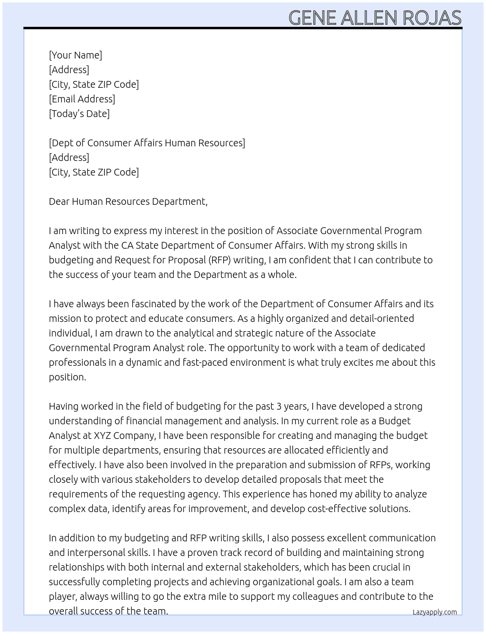 Associate Governmental Program Analyst At CA State Department of Comser Affairs Cover Letter