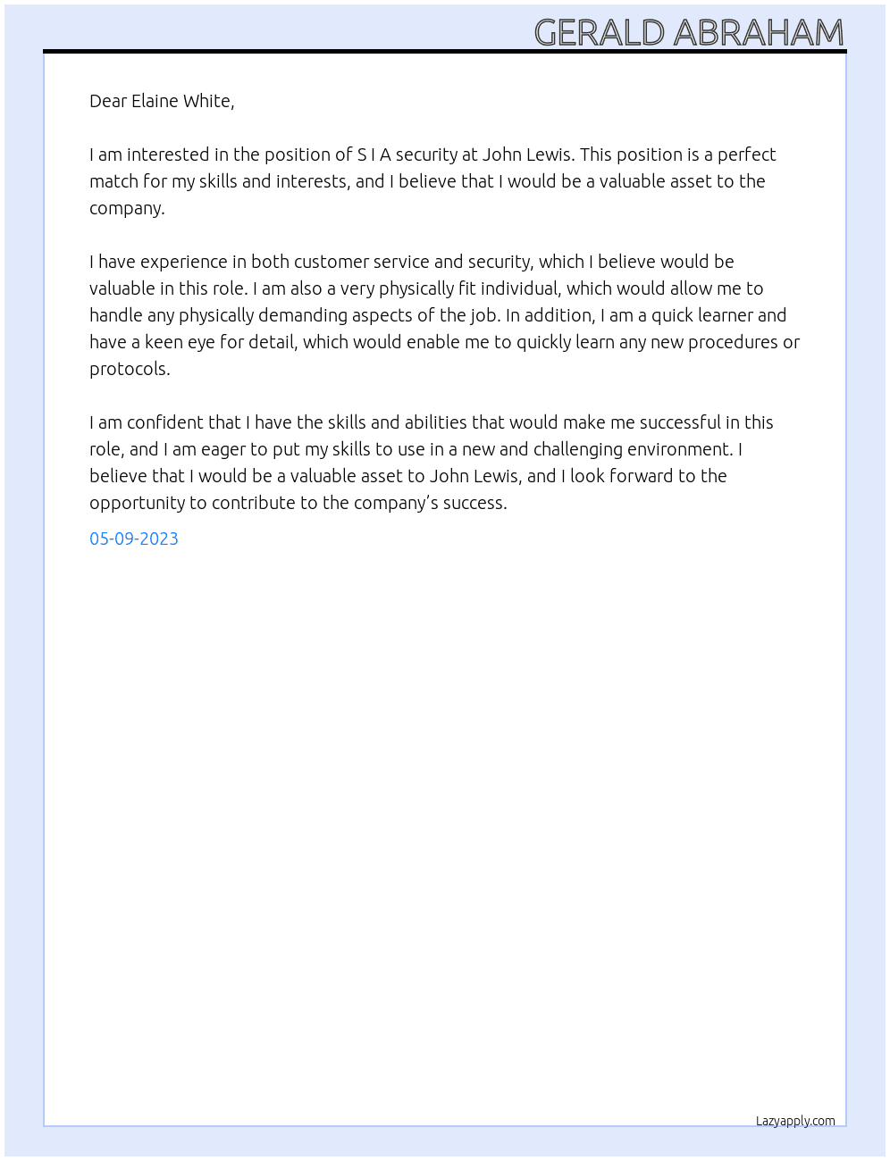 S I A  security At john Lewis Cover Letter