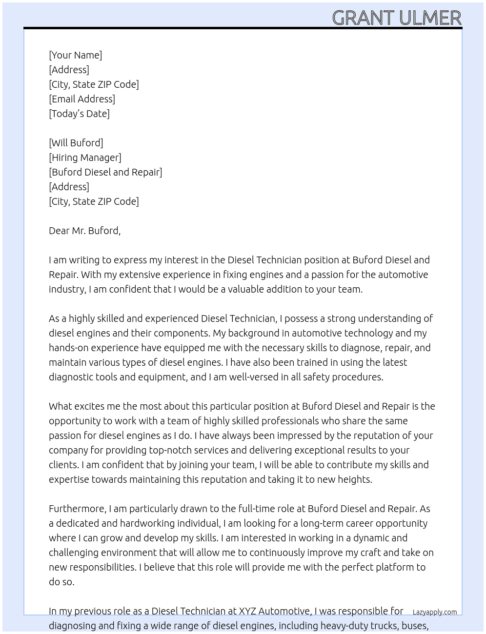 Diesel Technician At Buford Diesel and Repair Cover Letter
