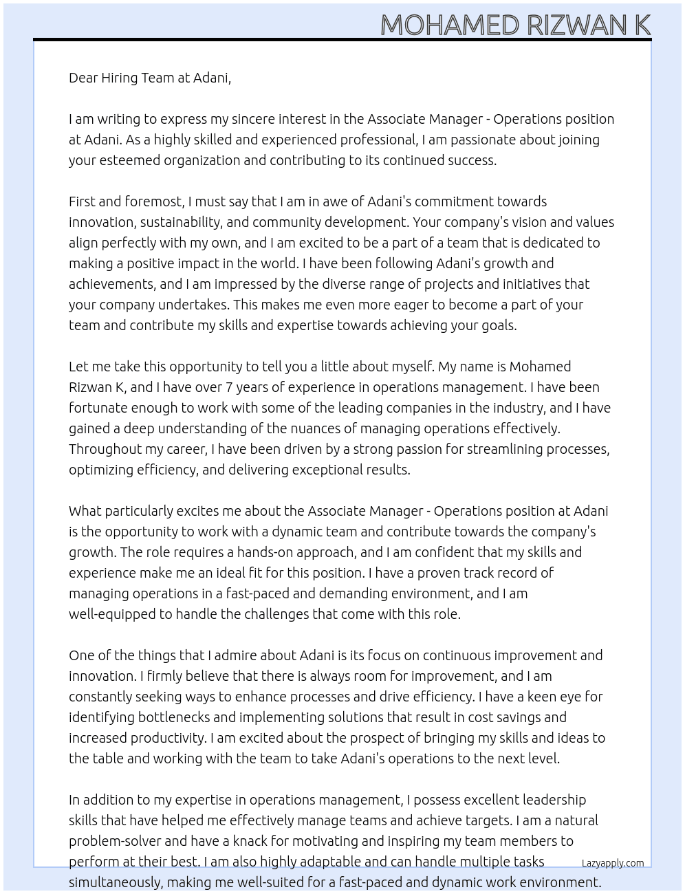 Associate Manager - Operations At Adani Cover Letter