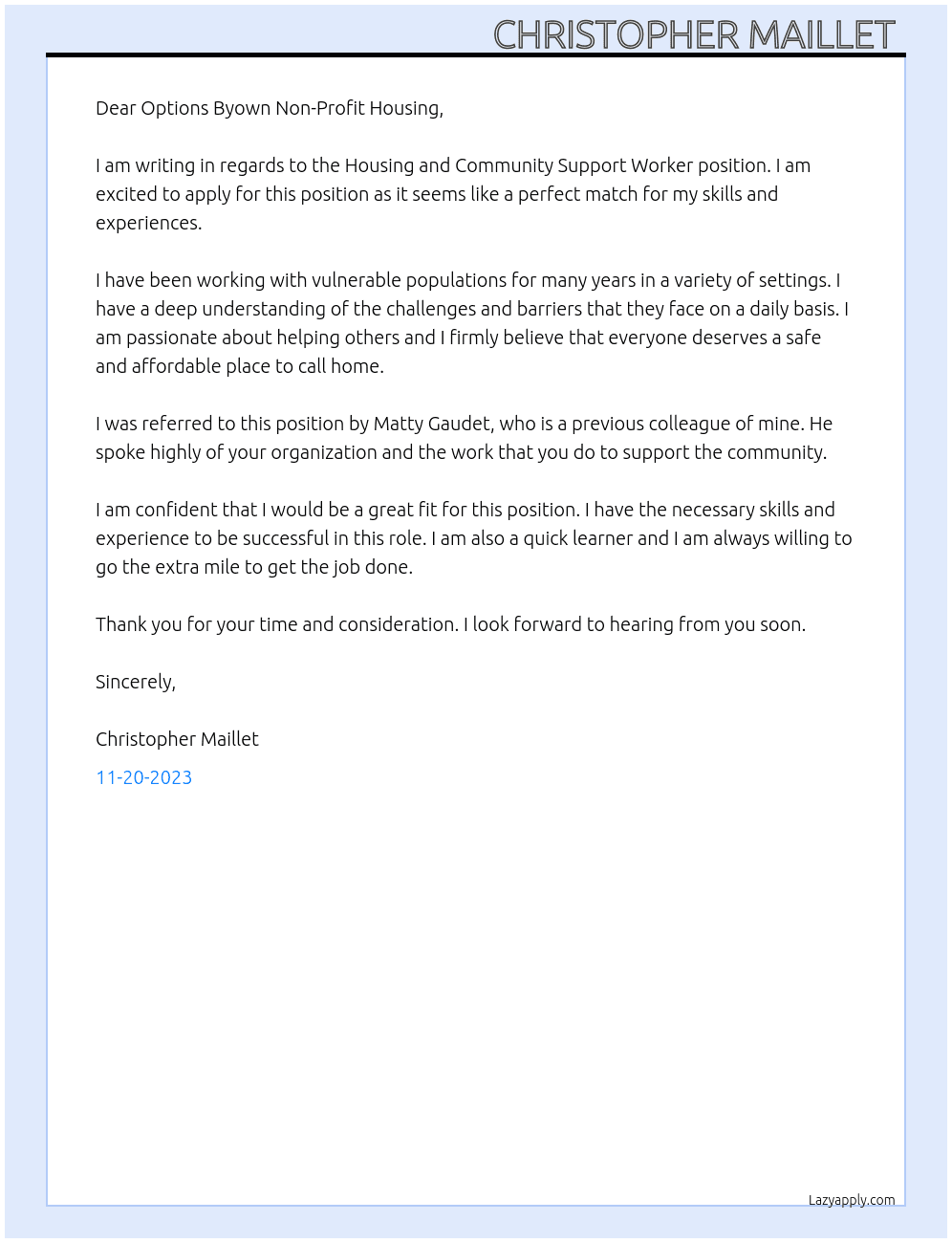 Housing and Community Support Worker At Options Byown Non-Profit Housing Cover Letter