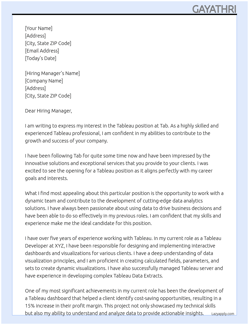 Tableau  At Tab Cover Letter