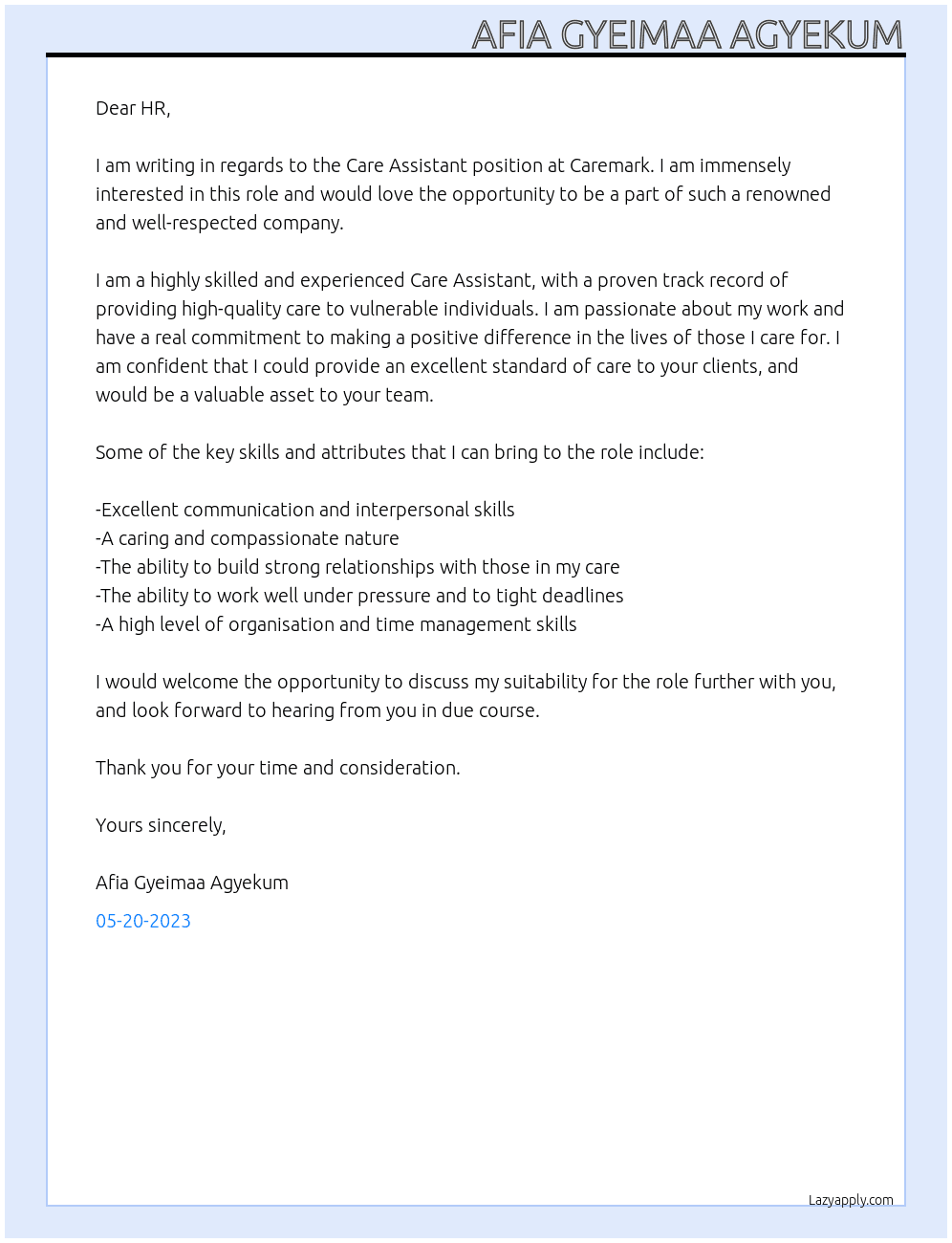 Care Assistant  At CareMark Cover Letter