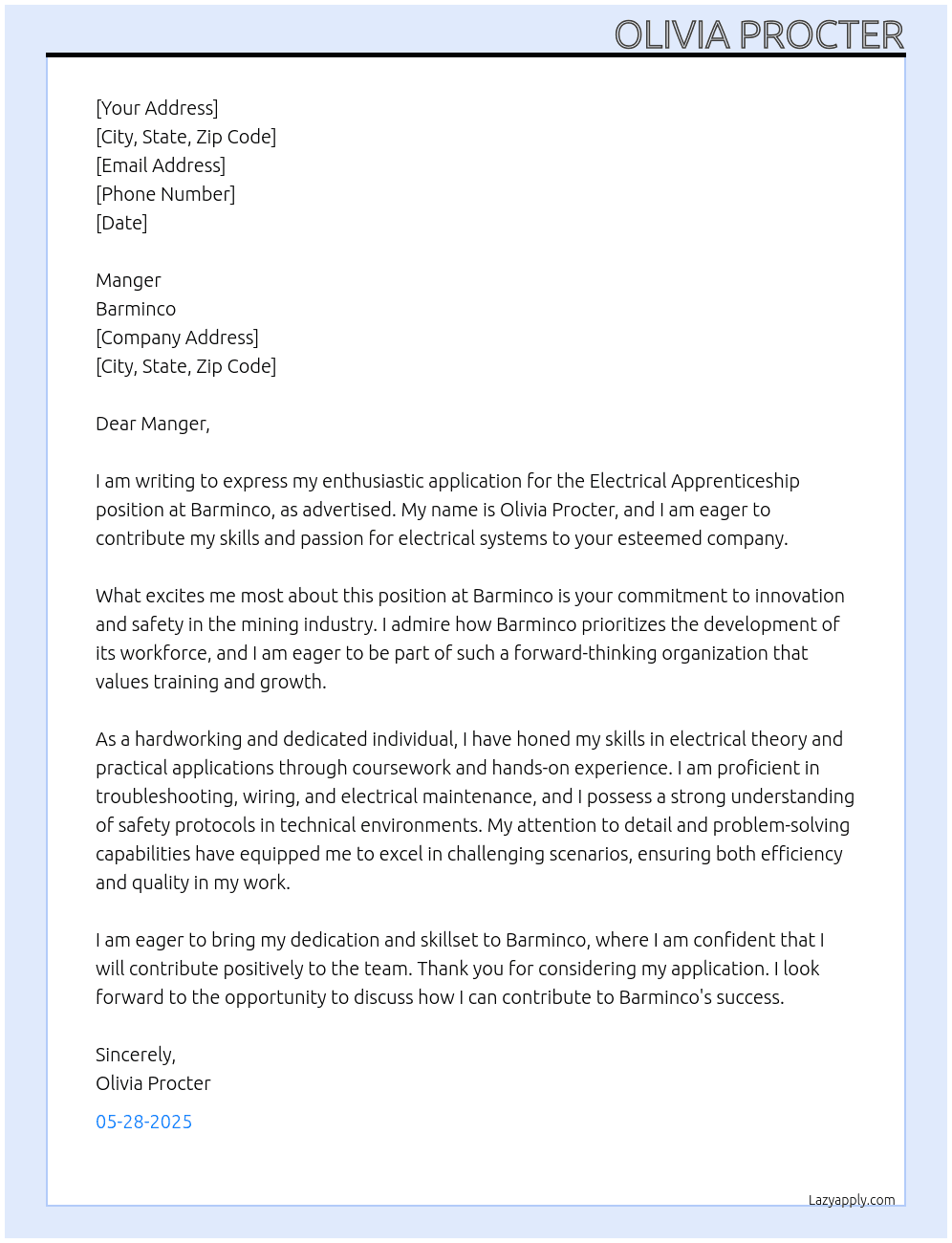 electrical apprenticeship At barminco Cover Letter