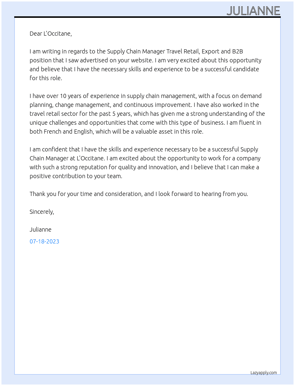 Supply Chain Manager Travel Retail, Export and B2B At L'Occitane Cover Letter