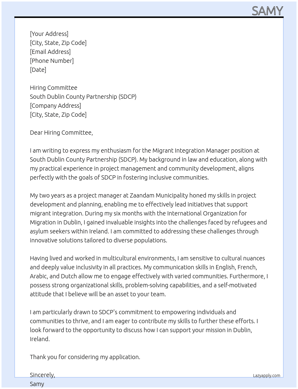 Cover letter for migrant integration manager - LazyApply