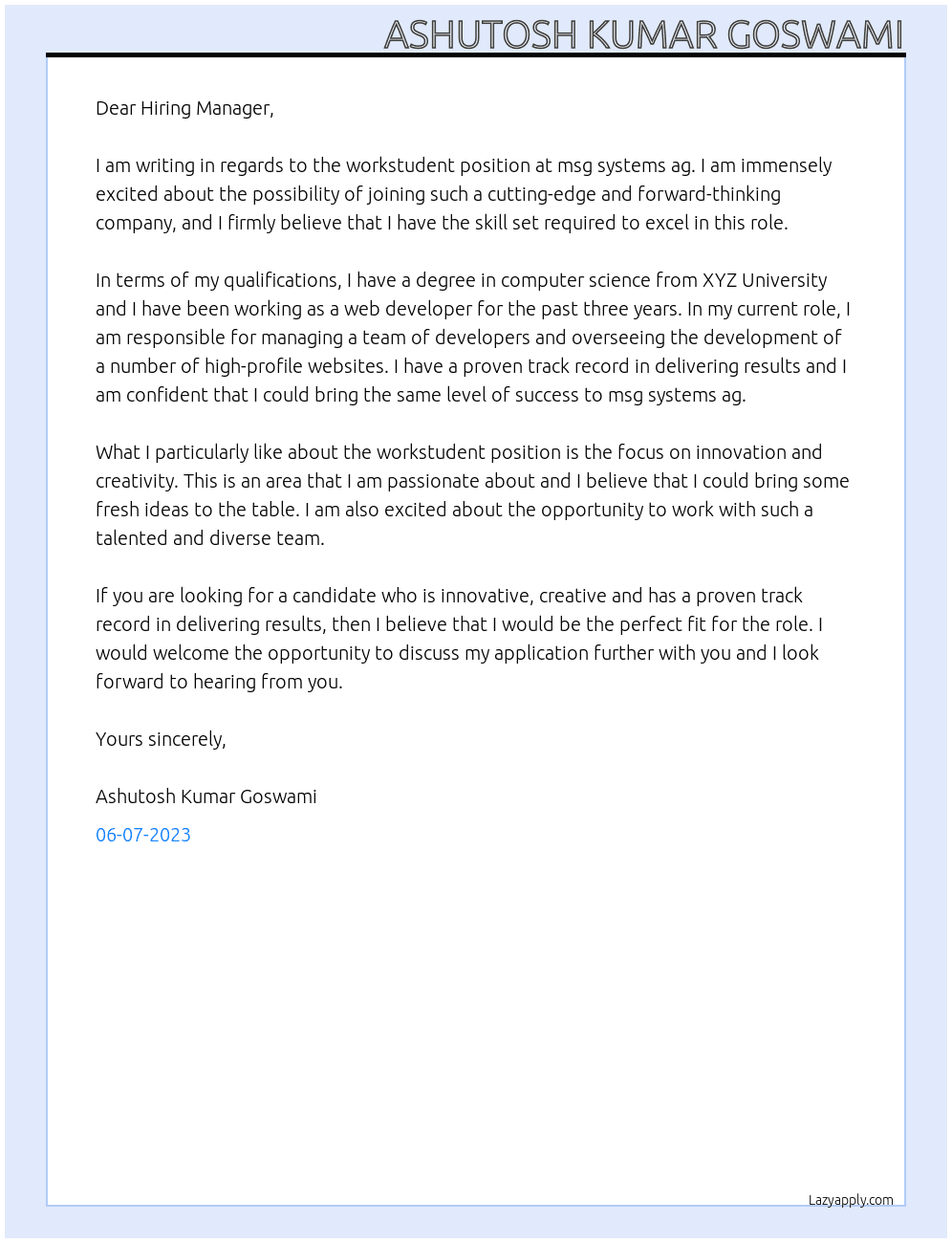 workstudent At msg systems ag Cover Letter