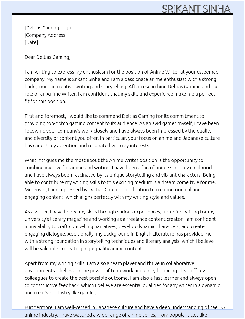 Anime Writer At Deltias Gaming Cover Letter