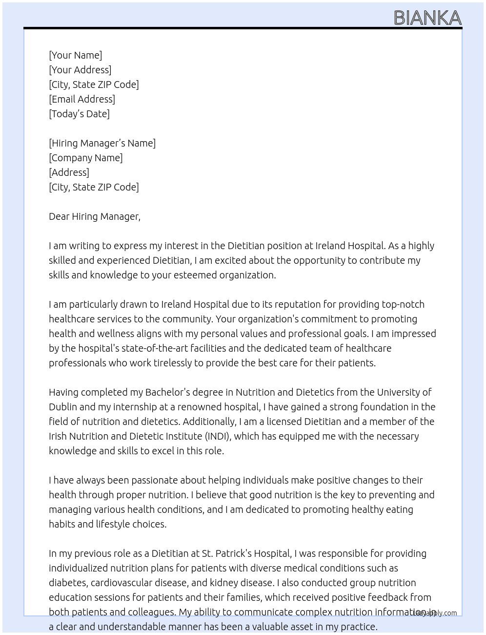 Dietitian  At Ireland hospital Cover Letter