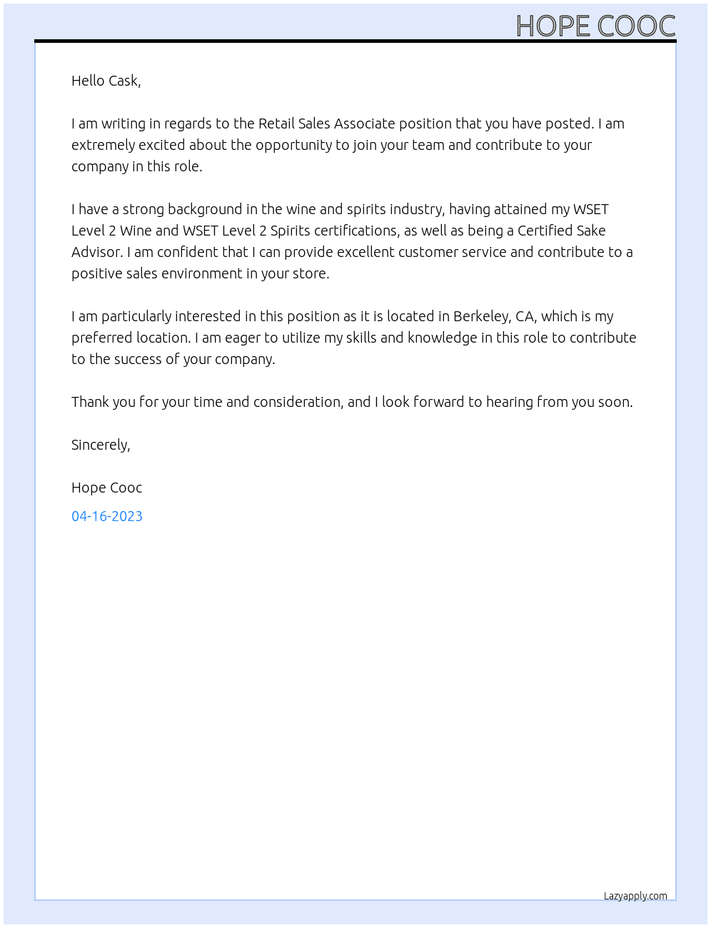 Retail Sales Associate At Cask Cover Letter