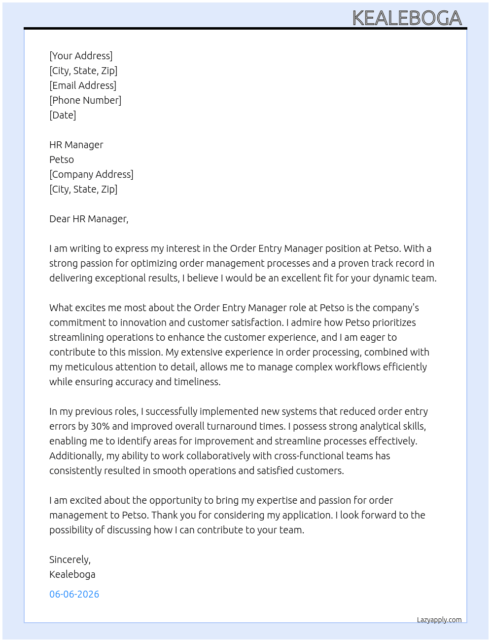 order entry manager At  Petso Cover Letter