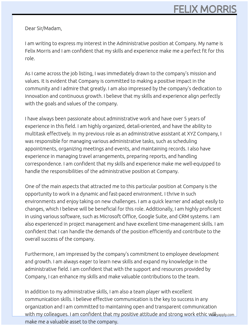 Administrative At company Cover Letter
