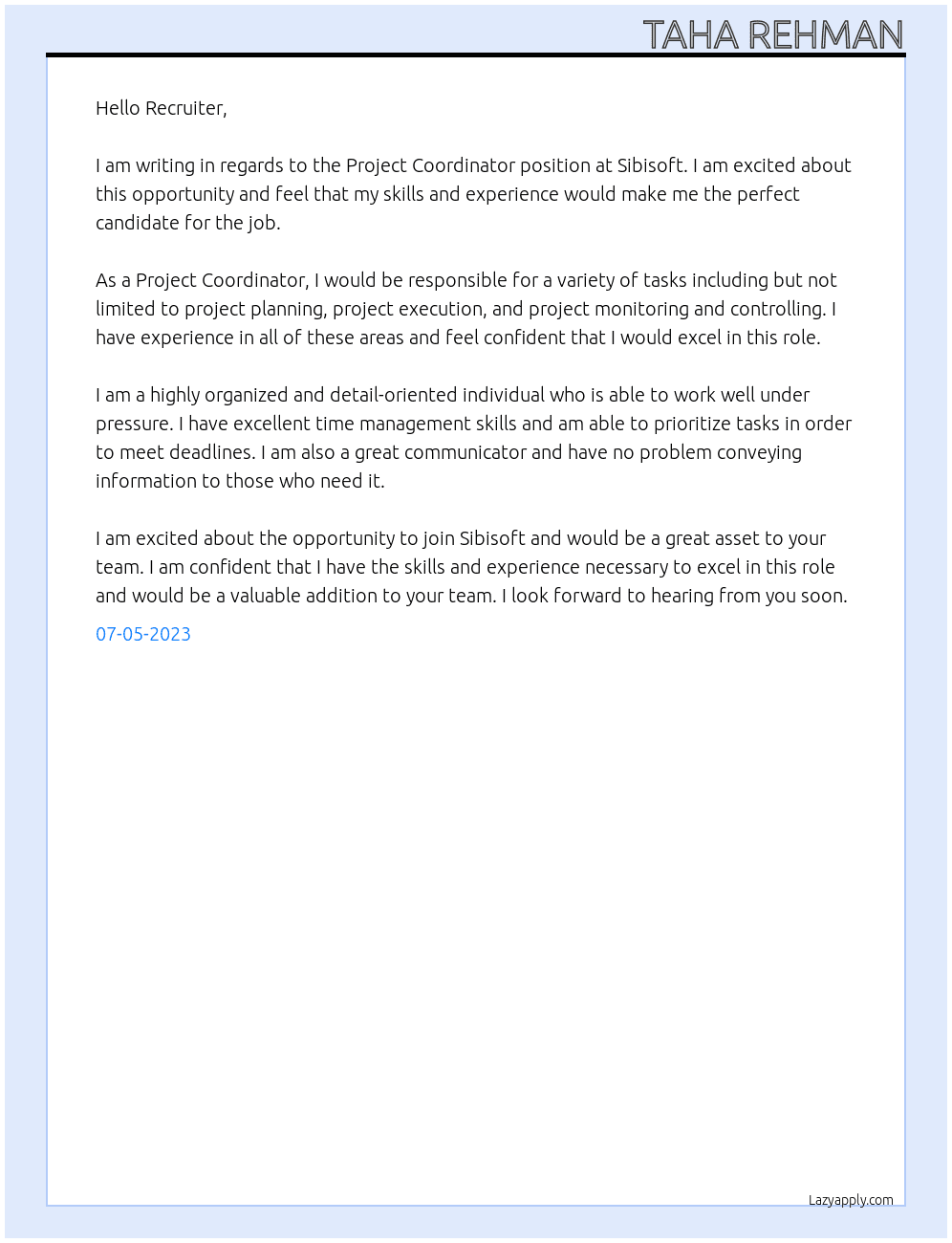 Project Coordinator At Sibisoft Cover Letter