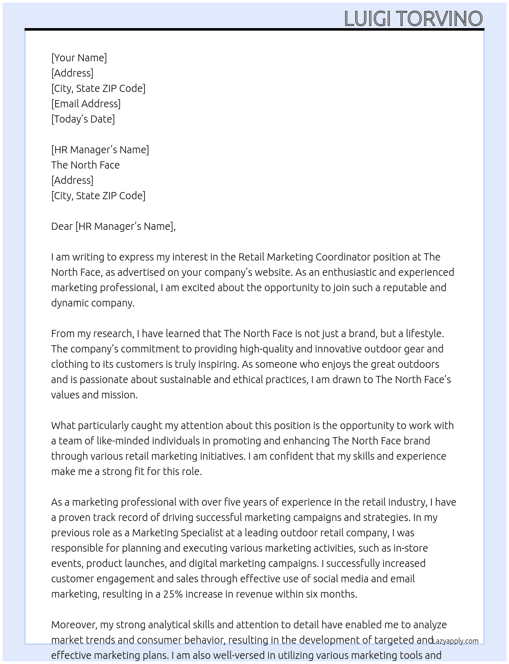 Retail Marketing Coordinator At The North Face Cover Letter