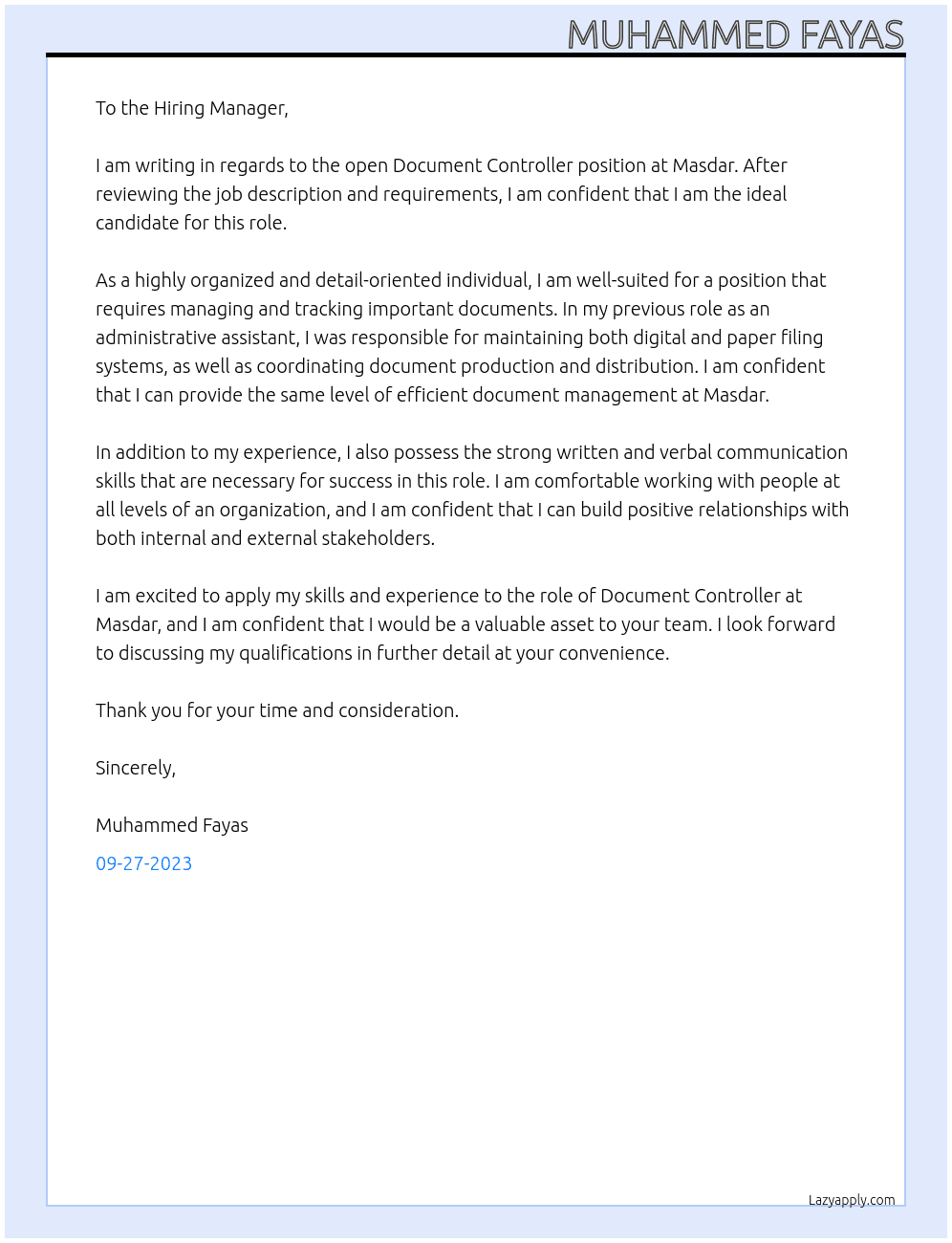 Document controller  At Masdar Cover Letter
