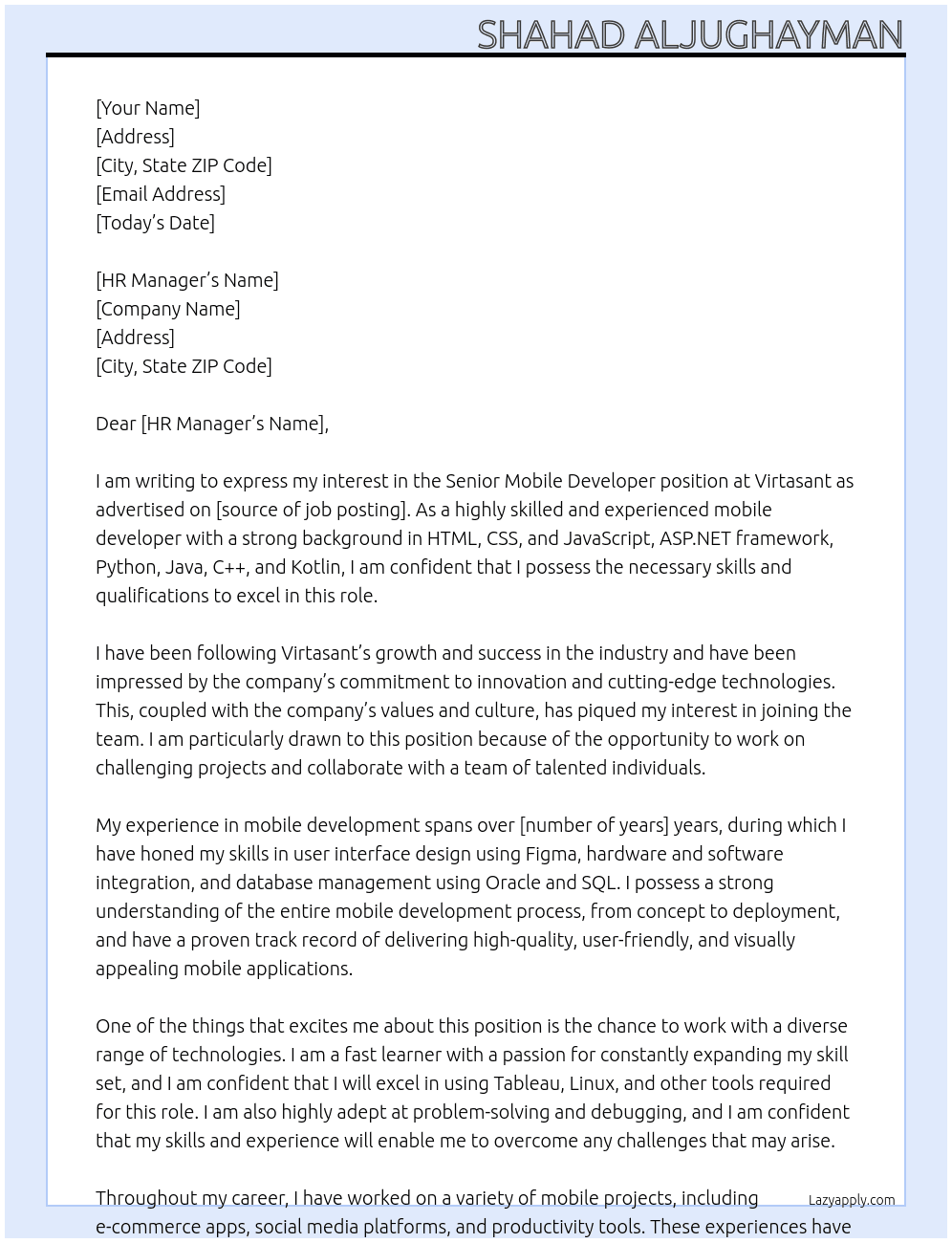 Senior Mobile Developer At Virtasant Cover Letter