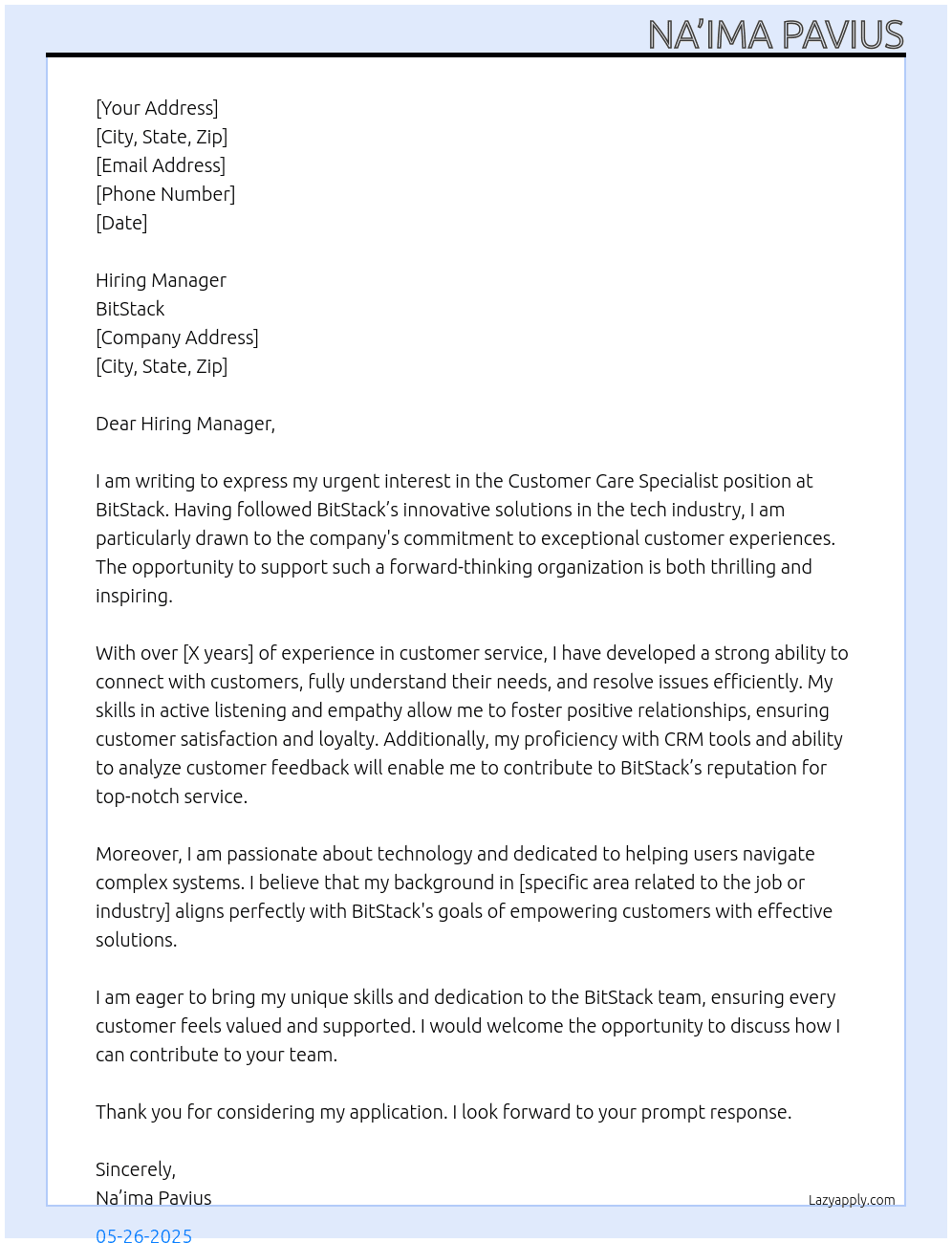 Customer Care Specialist At BitStack Cover Letter