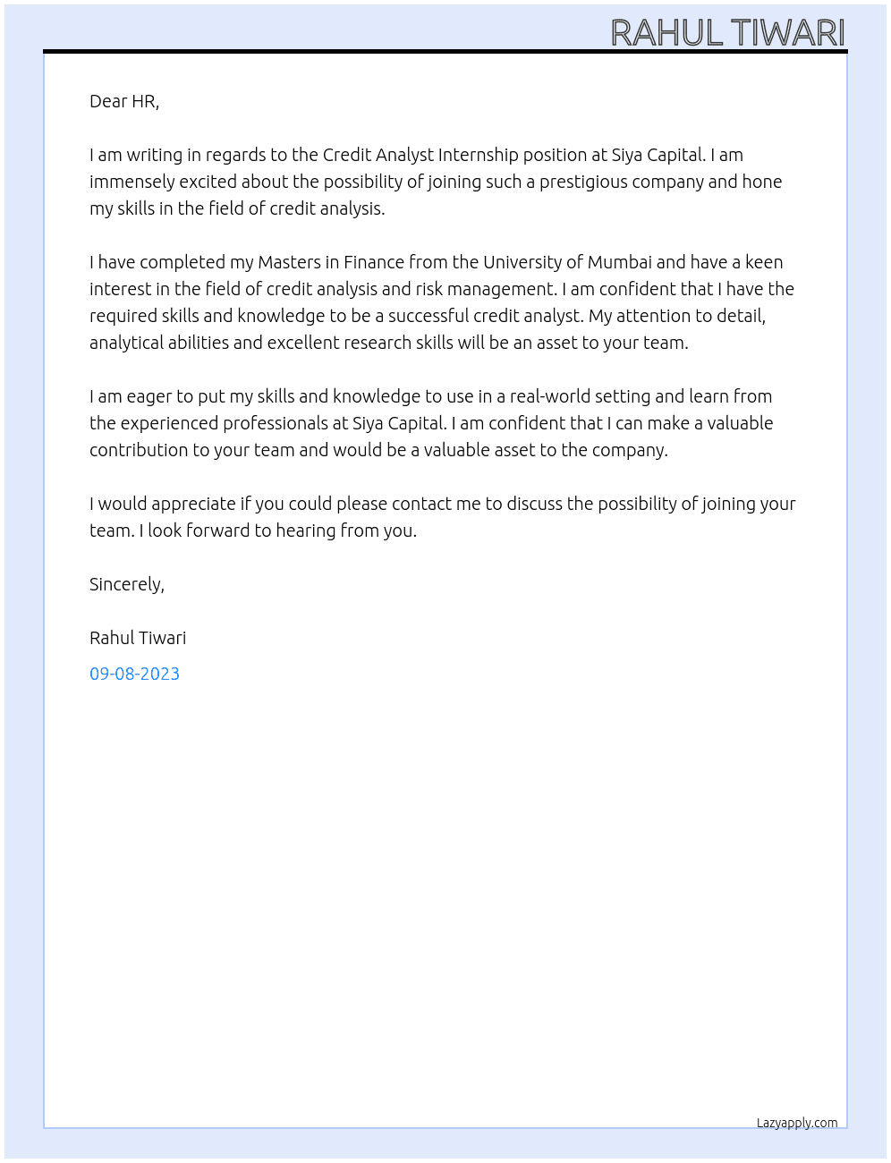 Credit Analyst Internship At Siya Capital Cover Letter