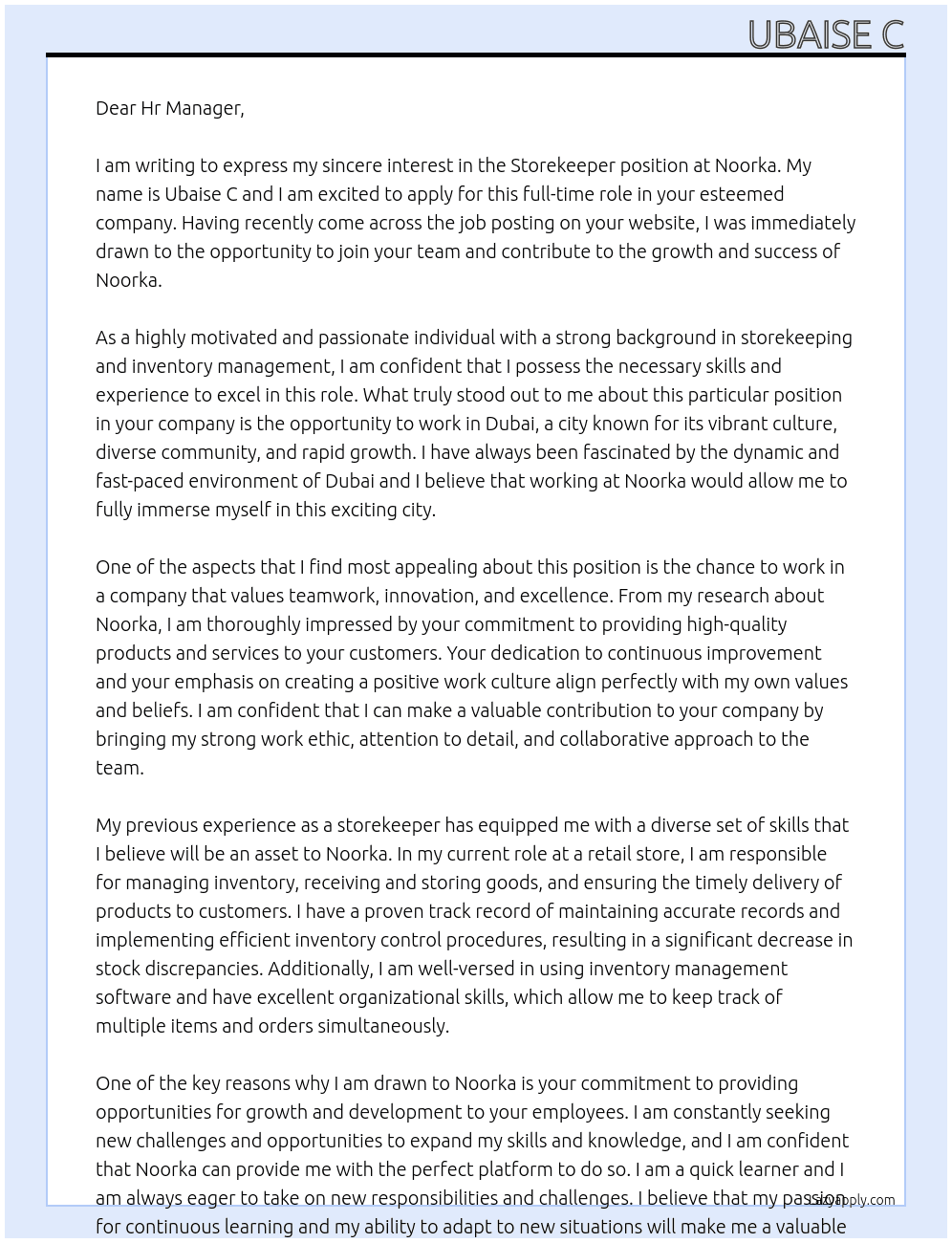 Storekeeper  At Noorka Cover Letter