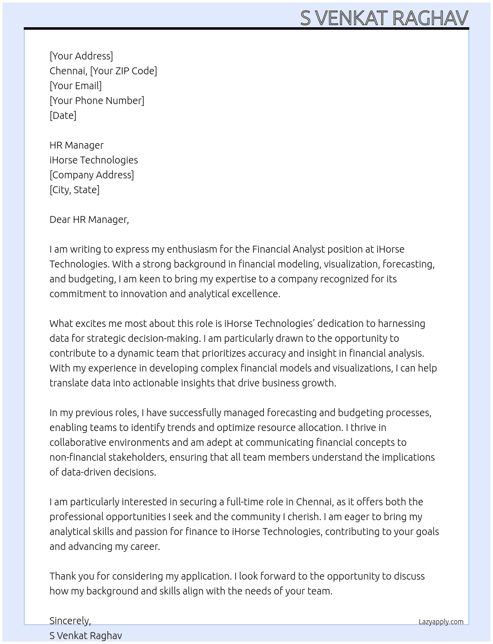 financial analyst At iHorse Technologies Cover Letter