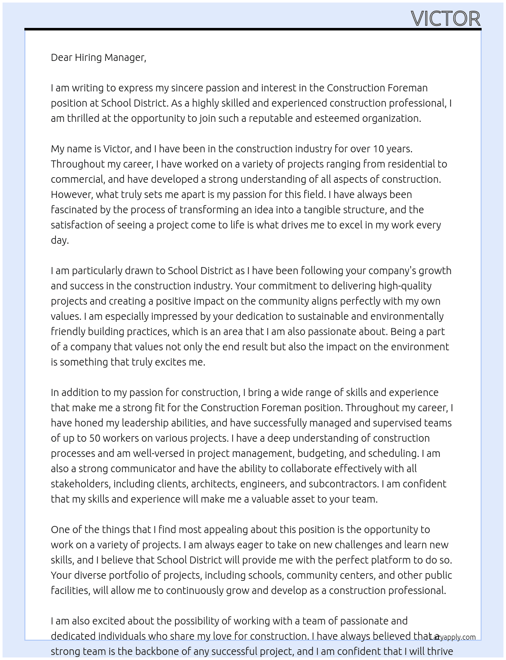 Construction Foreman At School District Cover Letter
