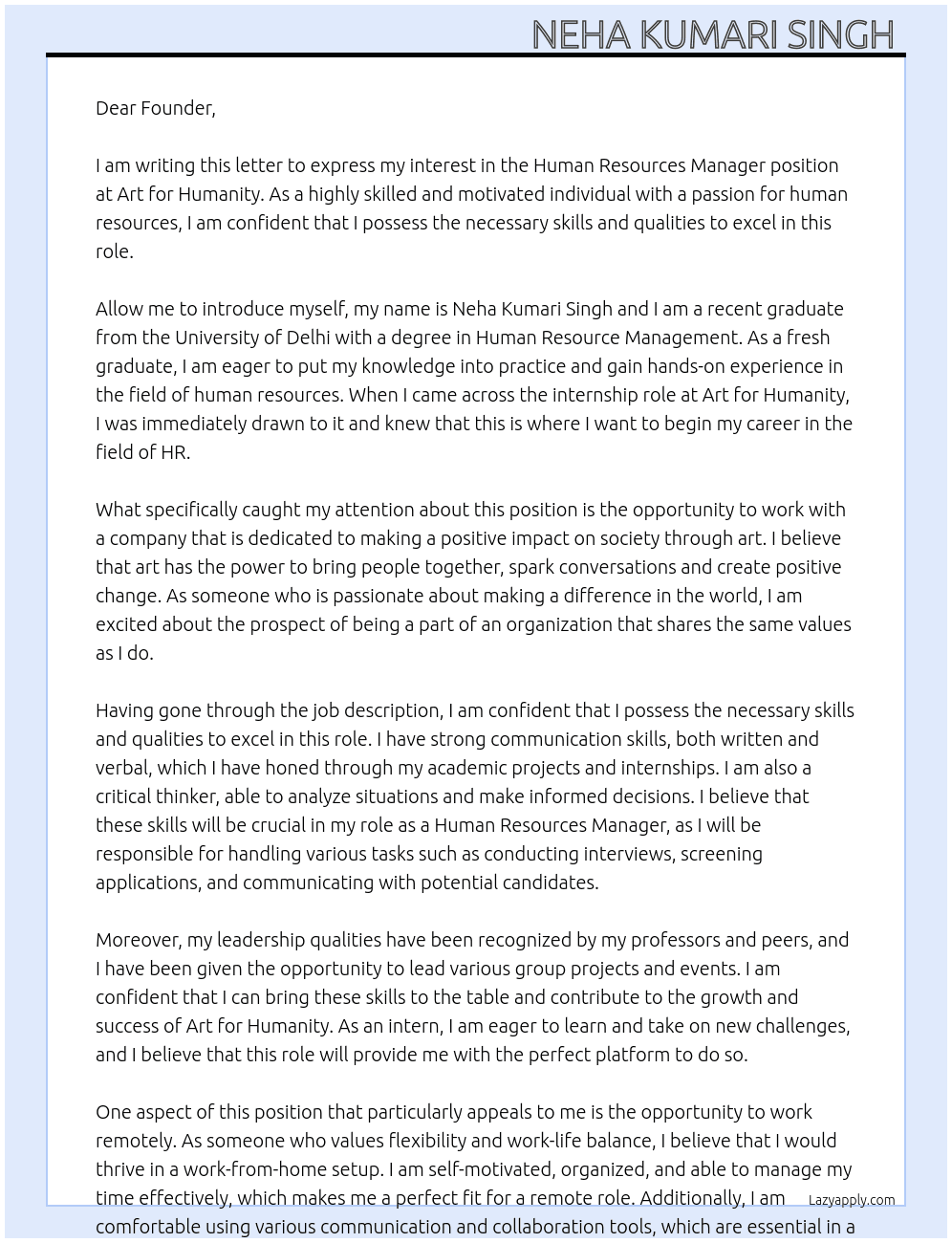 Human resources manager  At Art for humanity  Cover Letter