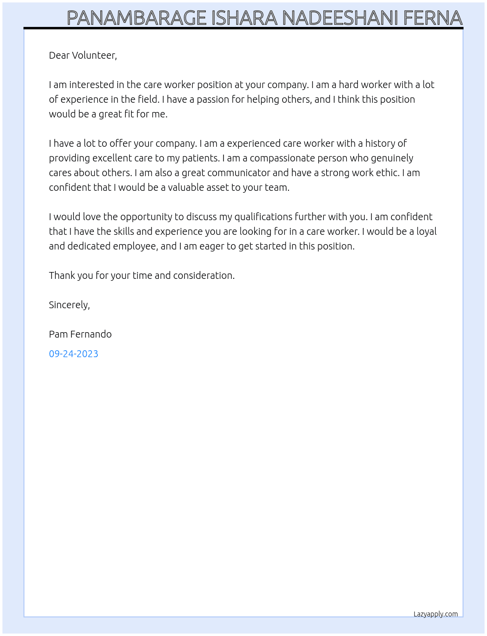 care worker At volunteer Cover Letter