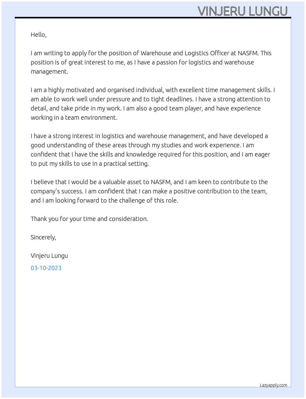 Warehouse and Logistics Offifer At NASFM Cover Letter