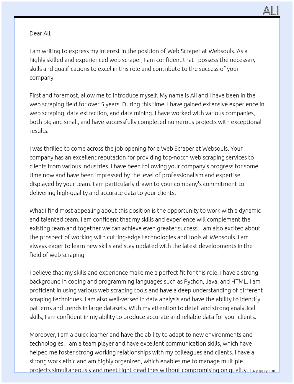 Web Scraper At Websouls Cover Letter