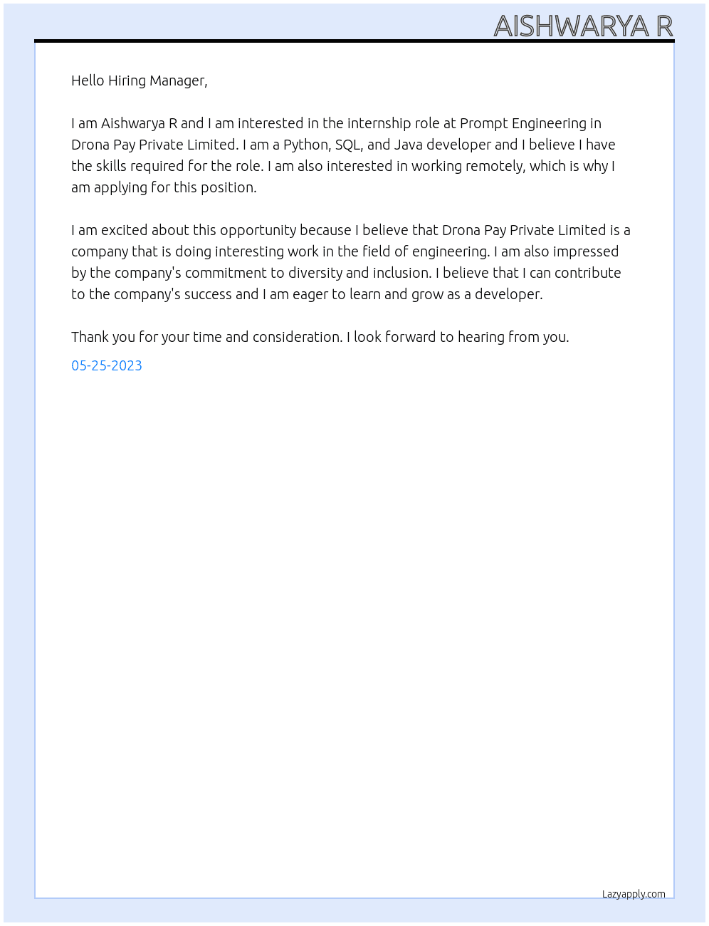 Prompt Engineering At Drona Pay Private Limited Cover Letter