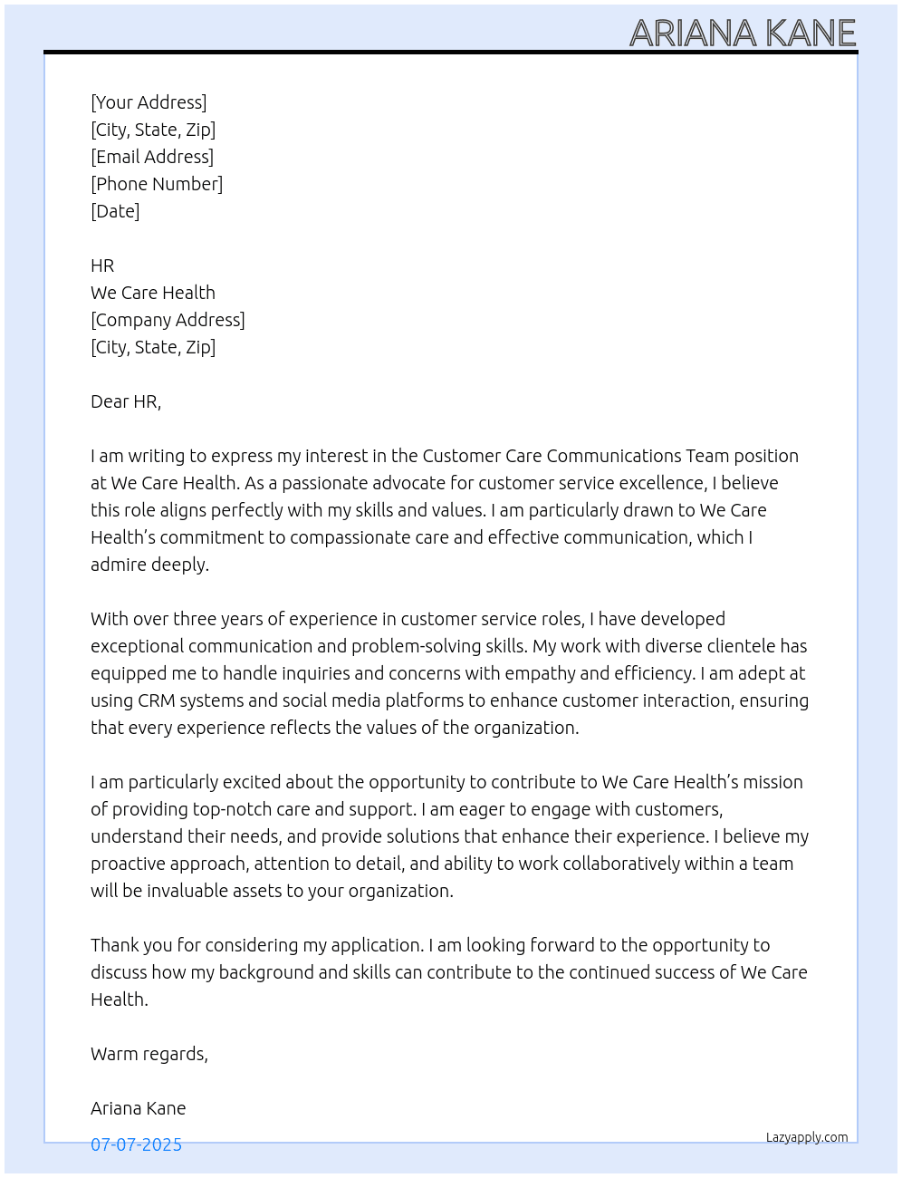 Cover letter for customer care communications team - LazyApply